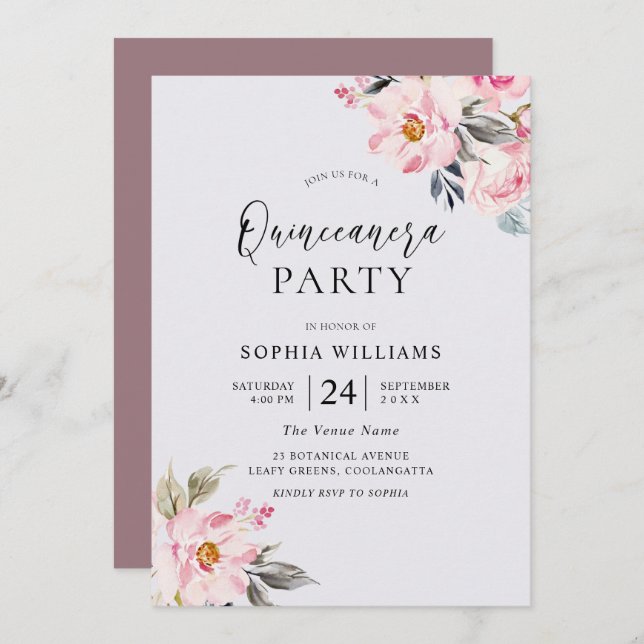 Dusty Rose Floral Blush Pink Quinceanera Party Invitation (Front/Back)