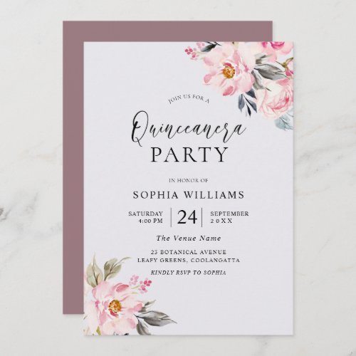 Dusty Rose Floral Blush Pink Quinceanera Party Invitation