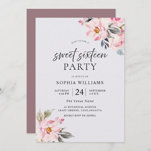 Dusty Rose Floral Blush Pink Sweet 16 Invitation