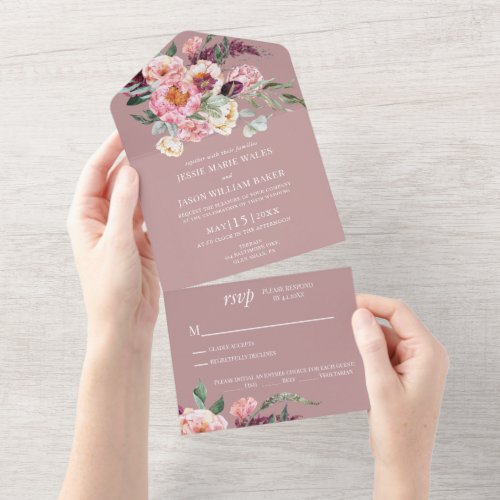 Dusty Rose Floral Blush Wedding All In One Invitation