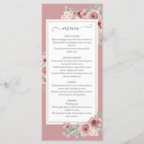 Dusty Rose Floral Botanical Wedding Dinner Menu - A modern stylish wedding dinner menu card featuring pretty rose florals and elegant typography. Designed by Thisisnotme©