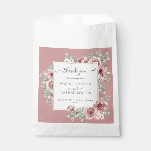 Dusty Rose Floral Botanical Wedding Thank You Favor Bag - A modern stylish wedding favor bag featuring pretty rose florals and elegant typography. Designed by Thisisnotme©