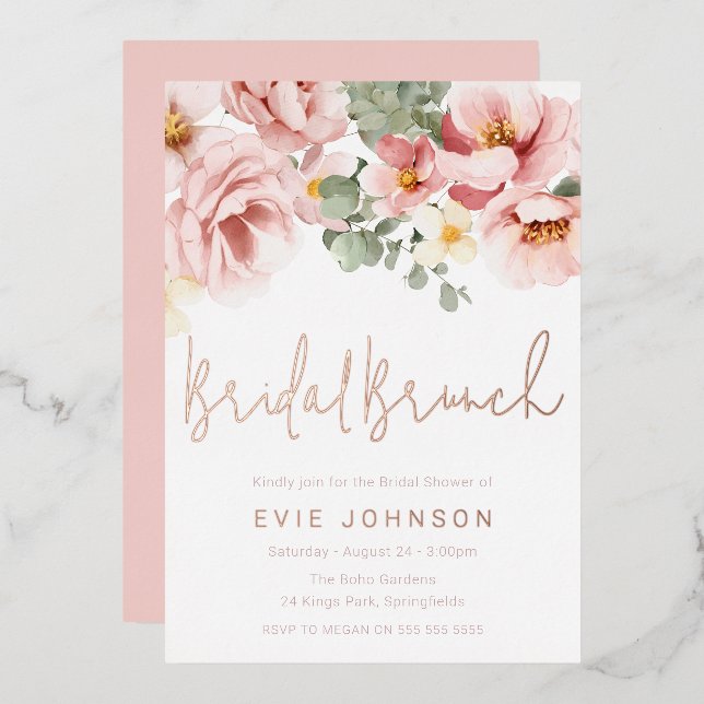 Dusty Rose Floral Bridal Shower Brunch Rose Gold Foil Invitation (Front/Back)