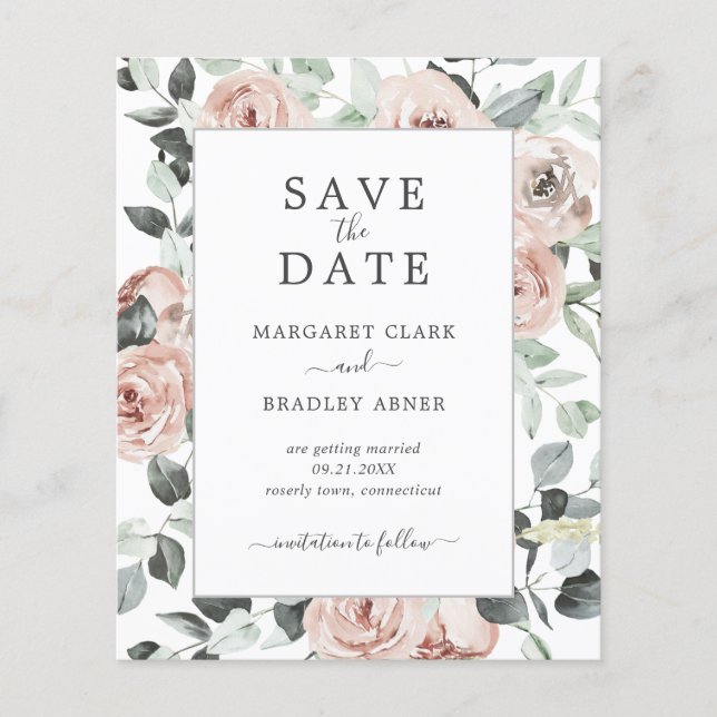 Dusty Rose Floral Budget Wedding Save the Date (Front)