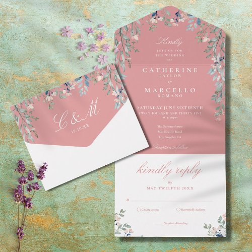 Dusty Rose Floral Cascade Monogram Wedding All In One Invitation