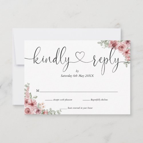 Dusty Rose Floral Chic Script Heart Kindly Reply RSVP Card