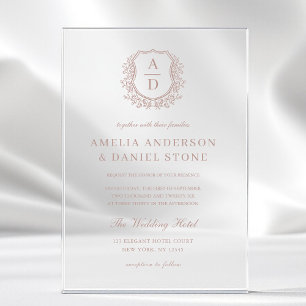 Dusty Rose Floral Crest Monogram Wedding Acrylic Invitations