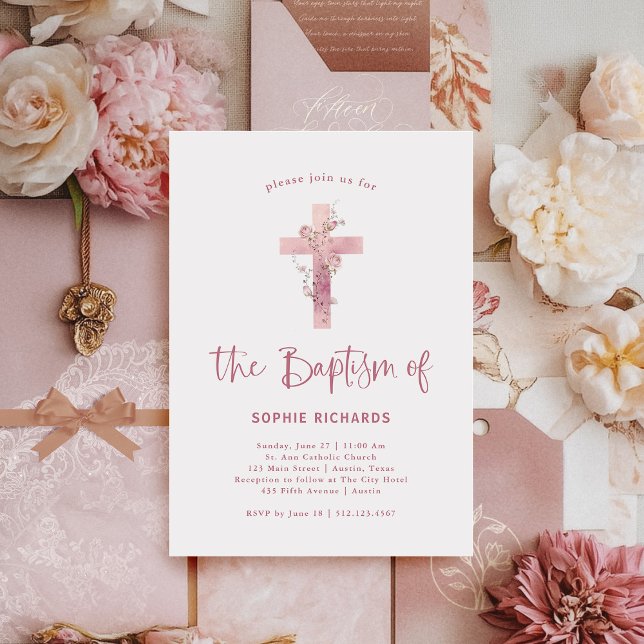 Dusty Rose Floral Cross | Pretty Pink Baptism Invitation (Creator Uploaded)