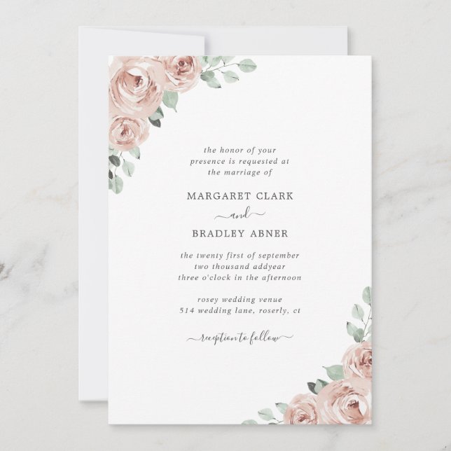 Dusty Rose Floral Elegant All In One Wedding Invitation (Front)