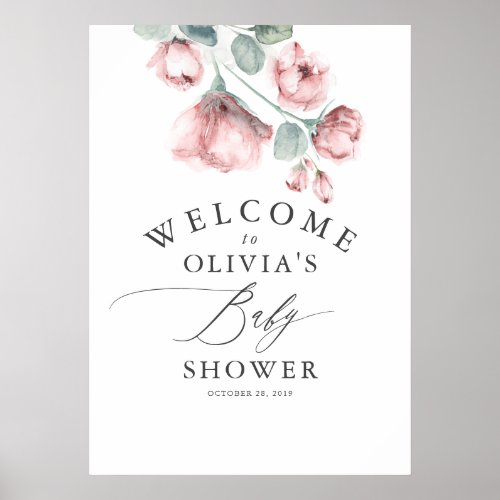 Dusty Rose Floral Elegant Baby Shower Welcome Poster
