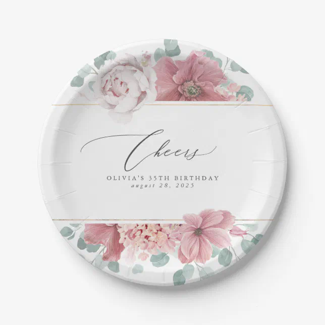 Dusty Rose Floral Elegant Botanical Paper Plate | Zazzle