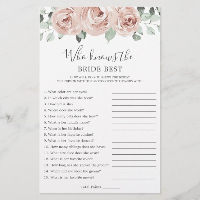 Dusty Rose Floral Elegant Bridal Shower Game (Front)