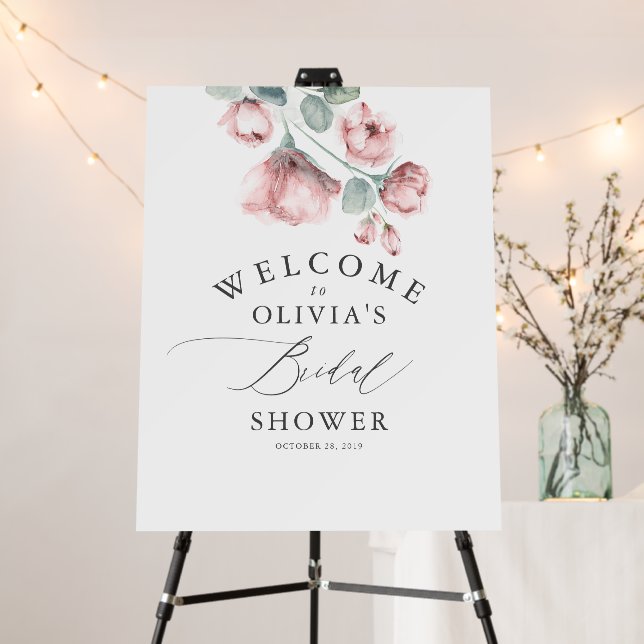 Dusty Rose Floral Elegant Bridal Shower Welcome Foam Board (In Situ (Stand))