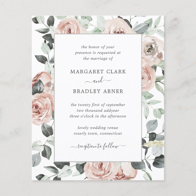 Dusty Rose Floral Elegant Budget Wedding Invite (Front)