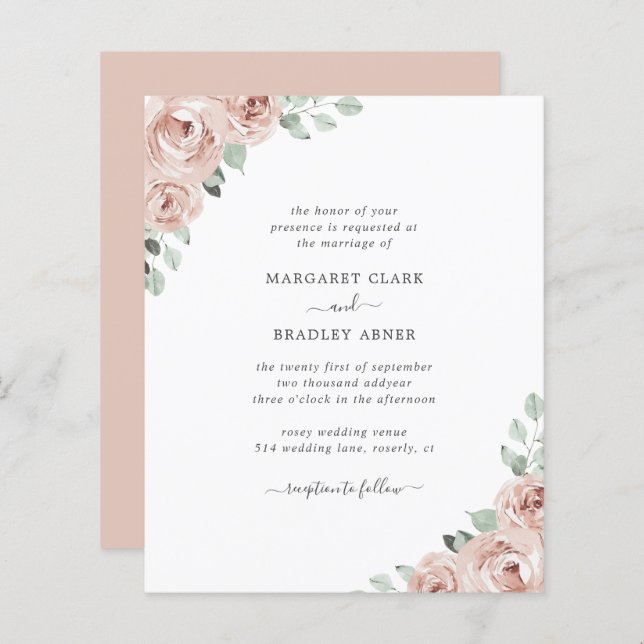 Dusty Rose Floral Elegant Budget Wedding Invite (Front/Back)