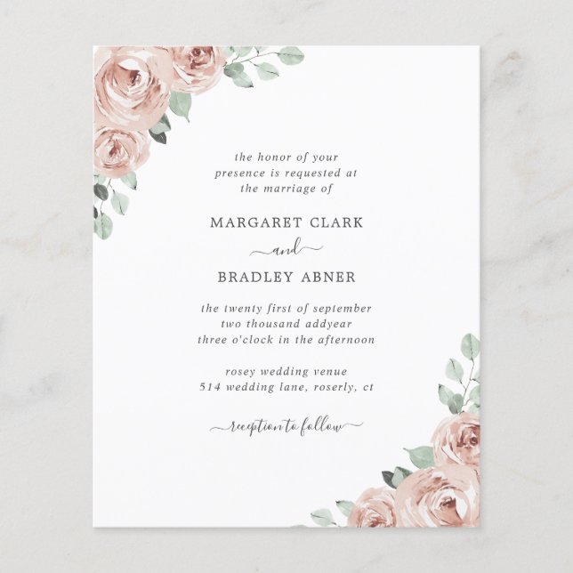 Dusty Rose Floral Elegant Budget Wedding Invite Flyer (Front)