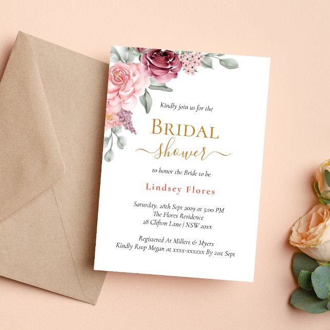 Dusty Rose Floral Elegant Gold Bridal Shower Invitation (Creator Uploaded)