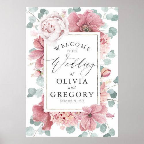 Dusty Rose Floral Elegant Greenery Wedding Welcome Poster