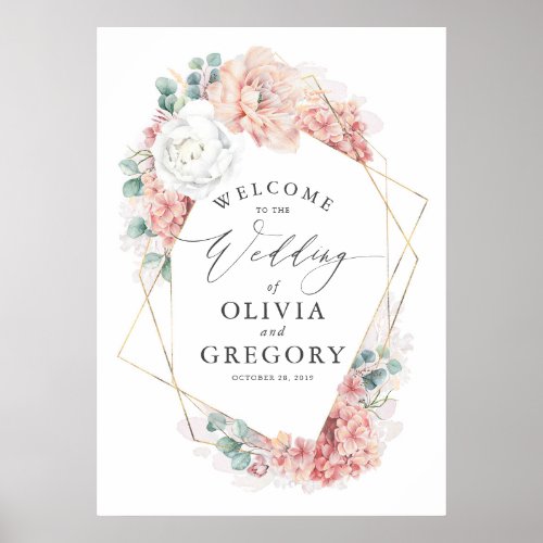 Dusty Rose Floral Elegant Greenery Wedding Welcome Poster