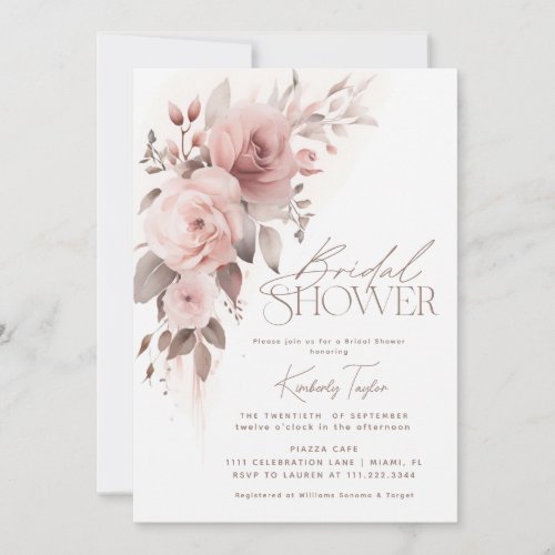 Dusty Rose Floral Elegant Minimal Bridal Shower Invitation