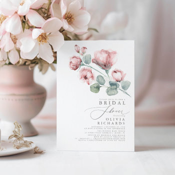 Dusty Rose Floral Elegant Minimal Bridal Shower Invitation by lovelywow at Zazzle