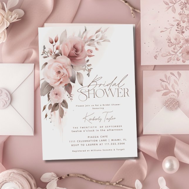 Dusty Rose Floral Elegant Minimal Bridal Shower Invitation (Creator Uploaded)