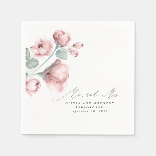 Dusty Rose Floral Elegant Mr and Mrs Wedding Napkins