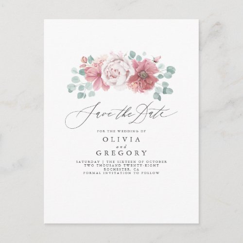 Dusty Rose Floral Elegant Save The Date Announcement Postcard