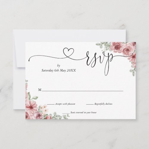 Dusty Rose Floral Elegant Script Heart  RSVP Card - A simple elegant dusty rose floral script heart kindly reply RSVP card with your details set in chic typography. Designed by Thisisnotme©