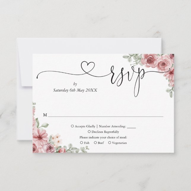 Dusty Rose Floral Elegant Script Heart  RSVP Card (Front)