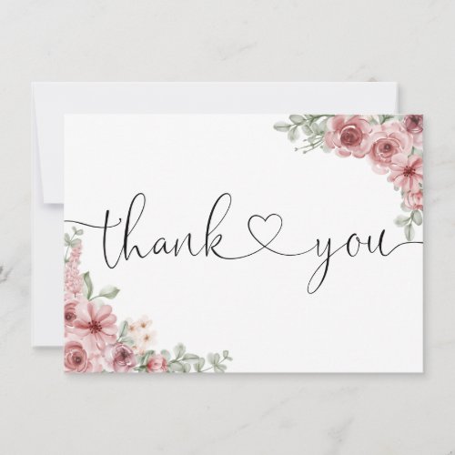 Dusty Rose Floral Elegant Script Heart Thank You Card - Featuring dusty rose florals and an elegant black and white thank you love heart script. You can personalize with your own thank you message on the reverse or if you prefer to add your own handwritten message delete the text. A perfect way to say thank you! Designed by Thisisnotme©