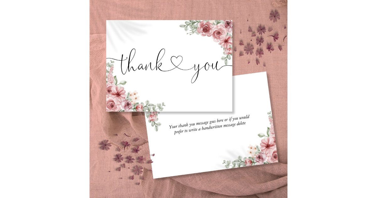 Dusty Rose Floral Elegant Script Heart Thank You Card | Zazzle