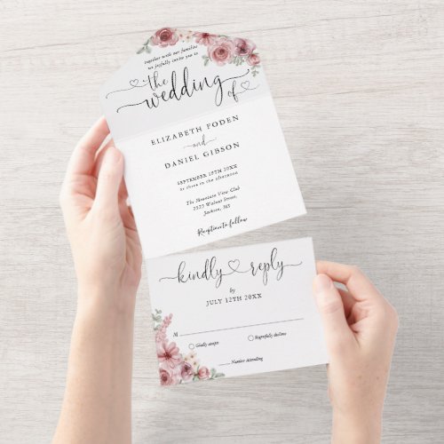 Dusty Rose Floral Elegant Script Hearts Wedding All In One Invitation - All in one elegant wedding invitation featuring dusty rose florals and chic hearts script typography and monogram initials. The invitation includes a perforated RSVP card that’s can be individually addressed or left blank for you to handwrite your guest's address details. Designed by Thisisnotme©