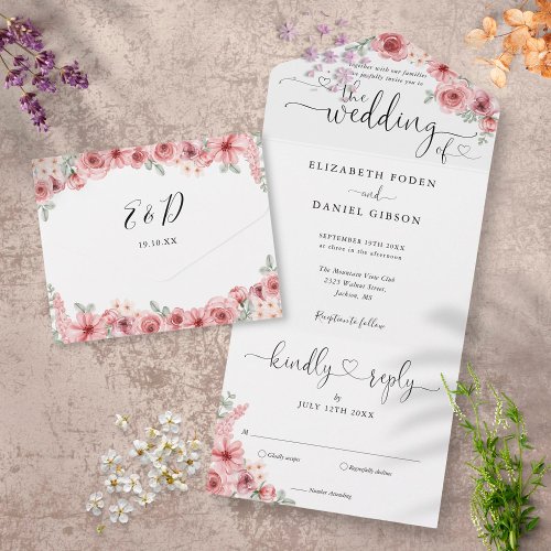 Dusty Rose Floral Elegant Script Hearts Wedding All In One Invitation