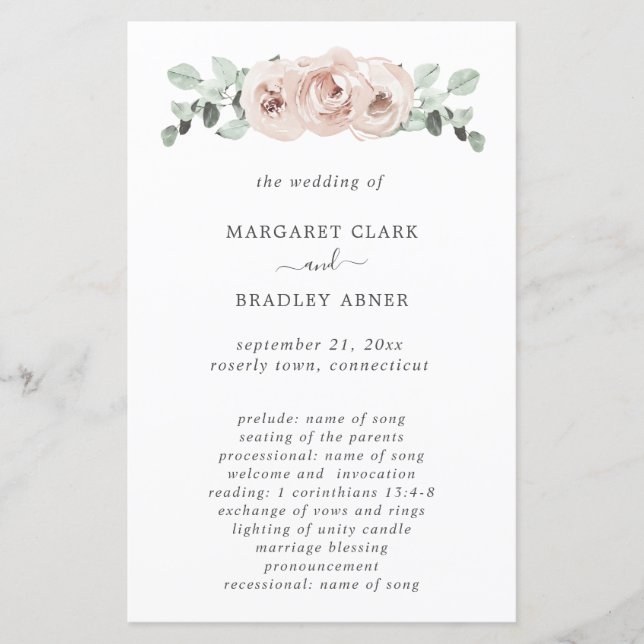 Dusty Rose Floral Elegant Wedding Program (Front)