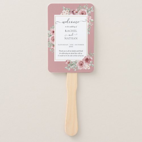 Dusty Rose Floral Elegant Wedding Program Hand Fan - An elegant dusty rose floral wedding program featuring chic modern typography, this stylish wedding program can be personalized with your special wedding day information. Designed by Thisisnotme©
