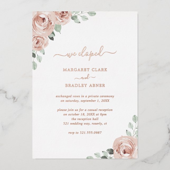 Dusty Rose Floral Elegant Wedding Reception Foil Invitation (Front)