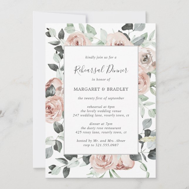 Dusty Rose Floral Elegant Wedding Rehearsal Dinner Invitation (Front)
