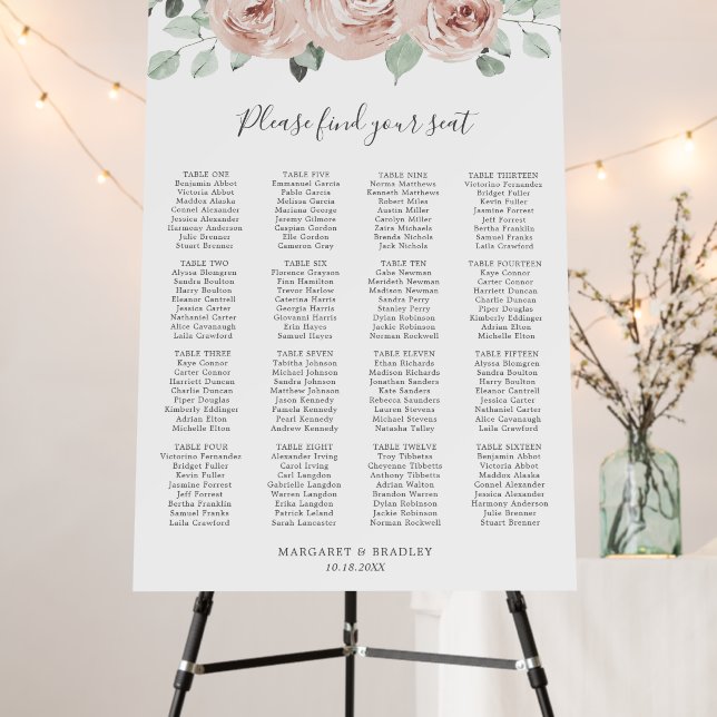 Dusty Rose Floral Elegant Wedding Seating Chart Foam Board (In Situ (Stand))