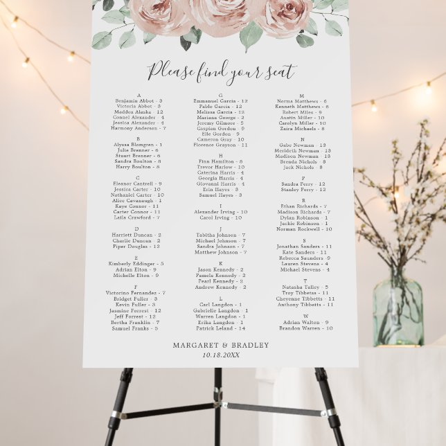 Dusty Rose Floral Elegant Wedding Seating Chart Foam Board (In Situ (Stand))