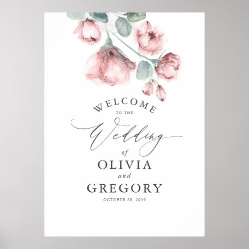 Dusty Rose Floral Elegant Wedding Welcome Poster