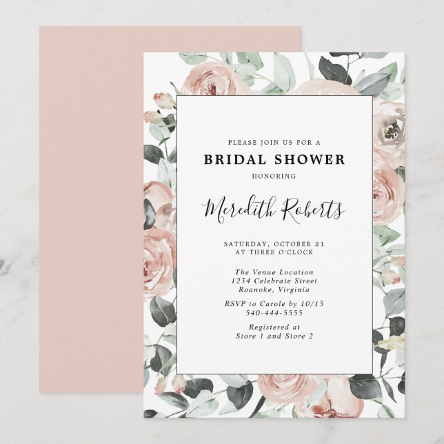 Dusty Rose Floral Eucalyptus Bridal Shower Invitation (Front/Back)