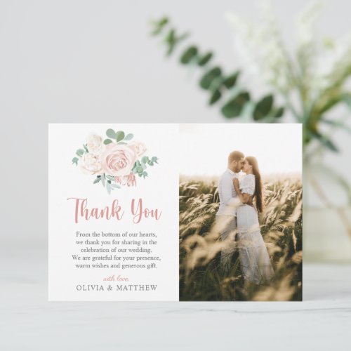 Dusty Rose Floral Eucalyptus Elegant Wedding Photo Thank You Card