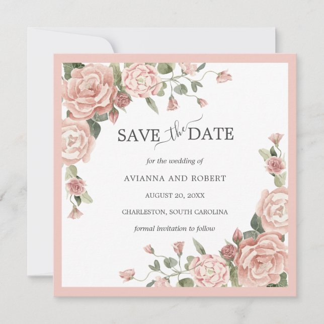 Dusty Rose Floral Eucalyptus Wedding Save The Date (Front)