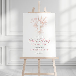 dusty rose floral first communion welcome sign