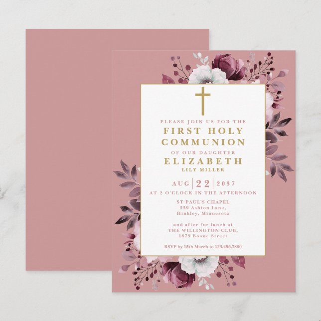Dusty Rose Floral First Holy Communion Invitation Postcard (Front/Back)