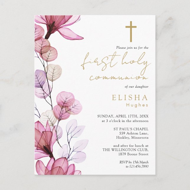 Dusty Rose Floral First Holy Communion Invitation Postcard (Front)
