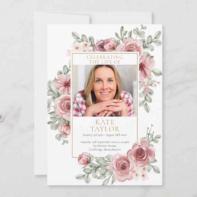 Dusty Rose Floral Funeral Order Of Service Progam Invitation (Front)