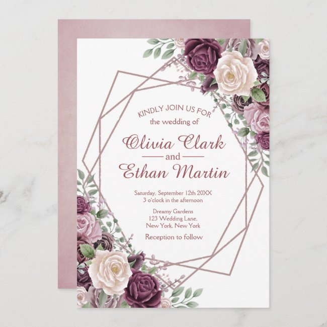 Dusty Rose Floral Geometric on White Invitation