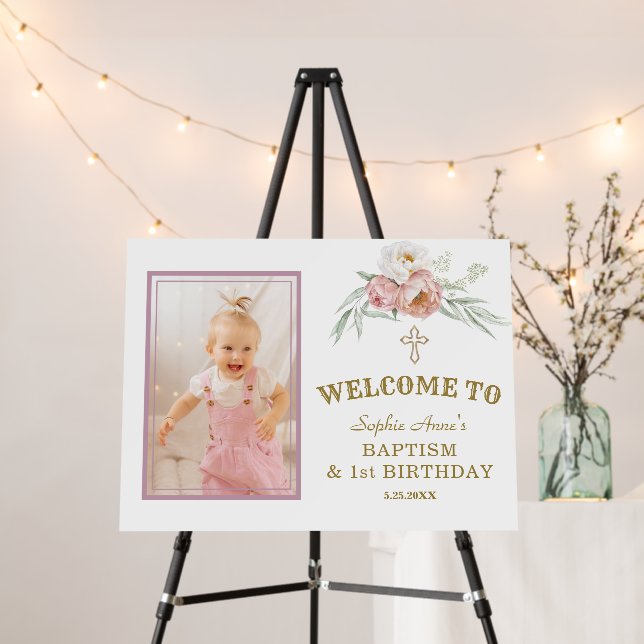Dusty Rose Floral Girl Photo Baptism Welcome Sign (In Situ (Stand))